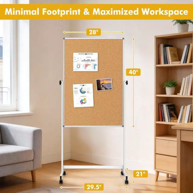 Alt view image 2 of 7 - Rolling Whiteboard Corkboard Combo with Stand 28"x40" | Double-Sided Mobile Dry Erase Bulletin Board on Wheels, Reversible Height Adjustable Standing Board for Home Office