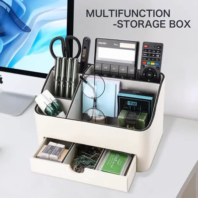 Alt view image 3 of 7 - PU Leather Desk Organizer with Drawer, 5 Compartments Desktop Storage Caddy for Office Home Supplies, Pen Holder for Remote Control, Phone & Accessories, Mail Organizer Countertop Ivory White