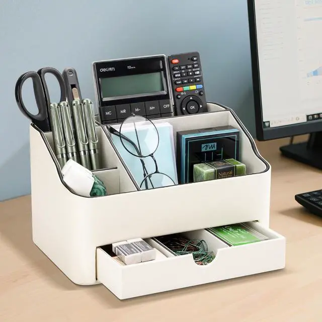 Alt view image 4 of 7 - PU Leather Desk Organizer with Drawer, 5 Compartments Desktop Storage Caddy for Office Home Supplies, Pen Holder for Remote Control, Phone & Accessories, Mail Organizer Countertop Ivory White