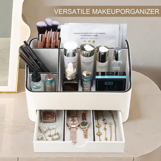 Alt view image 5 of 7 - PU Leather Desk Organizer with Drawer, 5 Compartments Desktop Storage Caddy for Office Home Supplies, Pen Holder for Remote Control, Phone & Accessories, Mail Organizer Countertop Ivory White