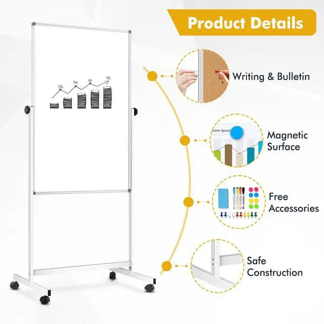 Alt view image 5 of 7 - Rolling Whiteboard Corkboard Combo with Stand 24"x40" | Double-Sided Mobile Dry Erase Bulletin Board on Wheels, Reversible Height Adjustable Standing Board for Home Office