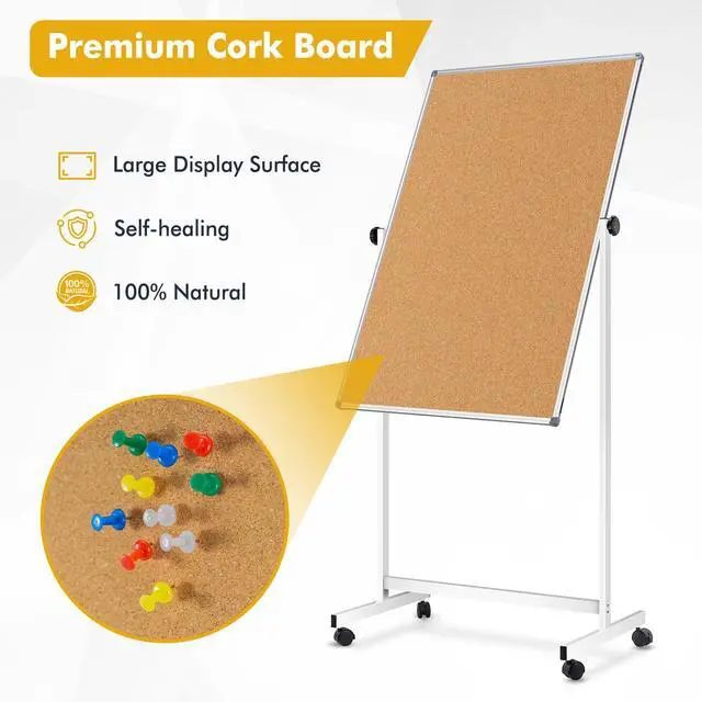 Alt view image 7 of 7 - Rolling Whiteboard Corkboard Combo with Stand 24"x40" | Double-Sided Mobile Dry Erase Bulletin Board on Wheels, Reversible Height Adjustable Standing Board for Home Office