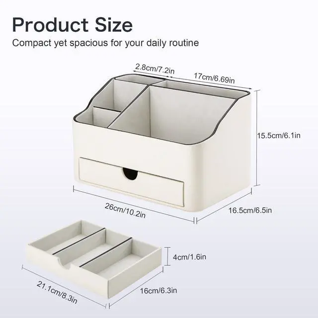 Alt view image 2 of 7 - PU Leather Desk Organizer with Drawer, 5 Compartments Desktop Storage Caddy for Office Home Supplies, Pen Holder for Remote Control, Phone & Accessories, Mail Organizer Countertop Ivory White