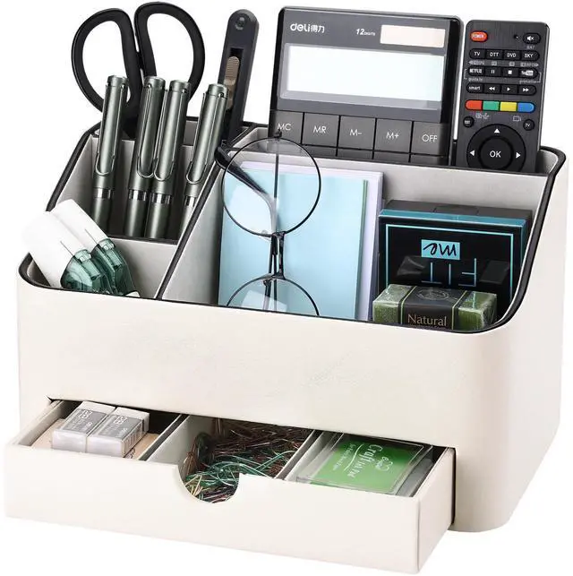 Main image of PU Leather Desk Organizer with Drawer, 5 Compartments Desktop Storage Caddy for Office Home Supplies, Pen Holder for Remote Control, Phone & Accessories, Mail Organizer Countertop Ivory White