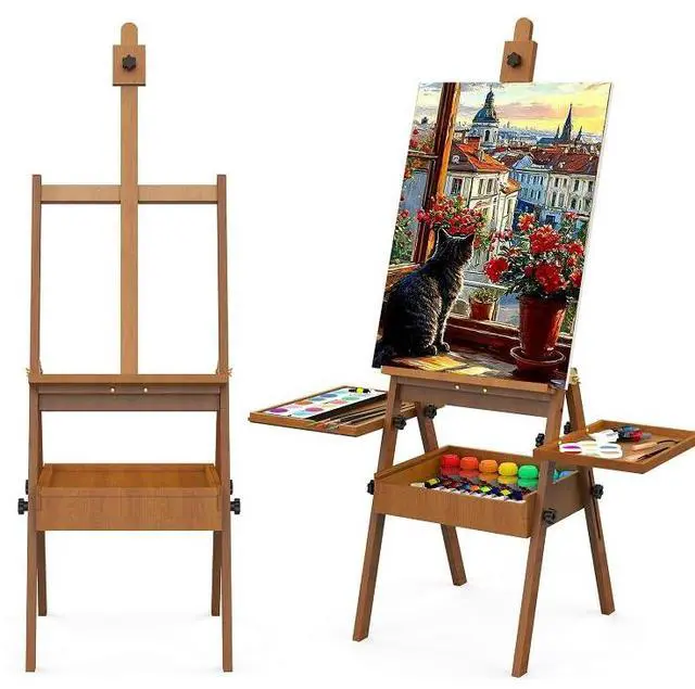 Main image of Professional Vintage Wood H-Frame Easel, with 2 Palette and Storage Box | Multi-Function Studio Easel, Professional Foldable Artist Easel Stand for Painting, Holds Canvas Art up to 36"