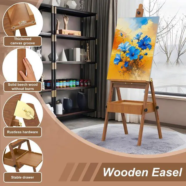 Alt view image 3 of 7 - Professional Vintage Wood H-Frame Easel, with 2 Palette and Storage Box | Multi-Function Studio Easel, Professional Foldable Artist Easel Stand for Painting, Holds Canvas Art up to 36"