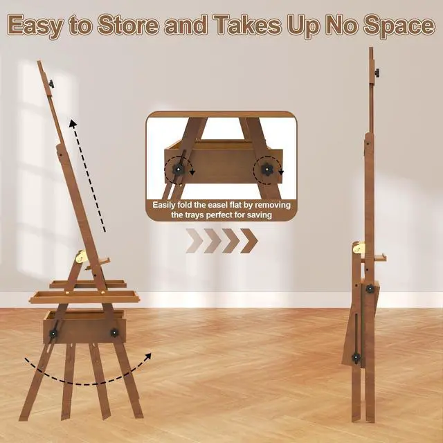 Alt view image 5 of 7 - Professional Vintage Wood H-Frame Easel, with 2 Palette and Storage Box | Multi-Function Studio Easel, Professional Foldable Artist Easel Stand for Painting, Holds Canvas Art up to 36"