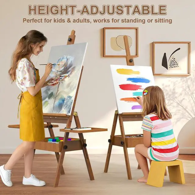 Alt view image 4 of 7 - Professional Vintage Wood H-Frame Easel, with 2 Palette and Storage Box | Multi-Function Studio Easel, Professional Foldable Artist Easel Stand for Painting, Holds Canvas Art up to 36"
