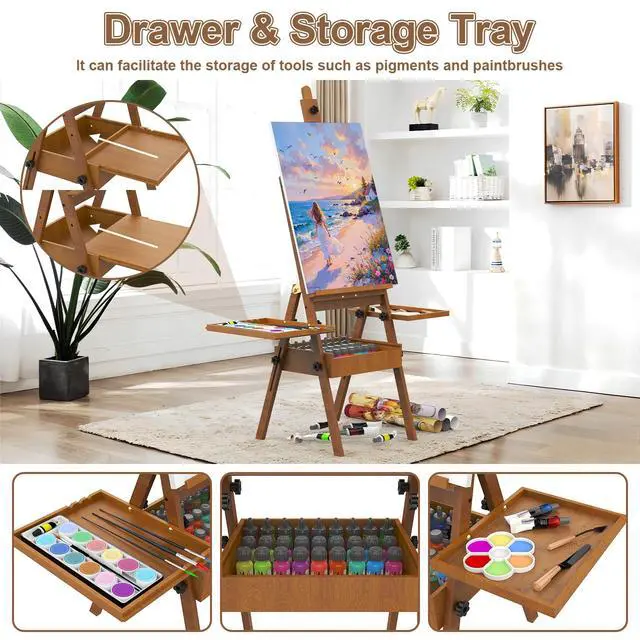 Alt view image 6 of 7 - Professional Vintage Wood H-Frame Easel, with 2 Palette and Storage Box | Multi-Function Studio Easel, Professional Foldable Artist Easel Stand for Painting, Holds Canvas Art up to 36"