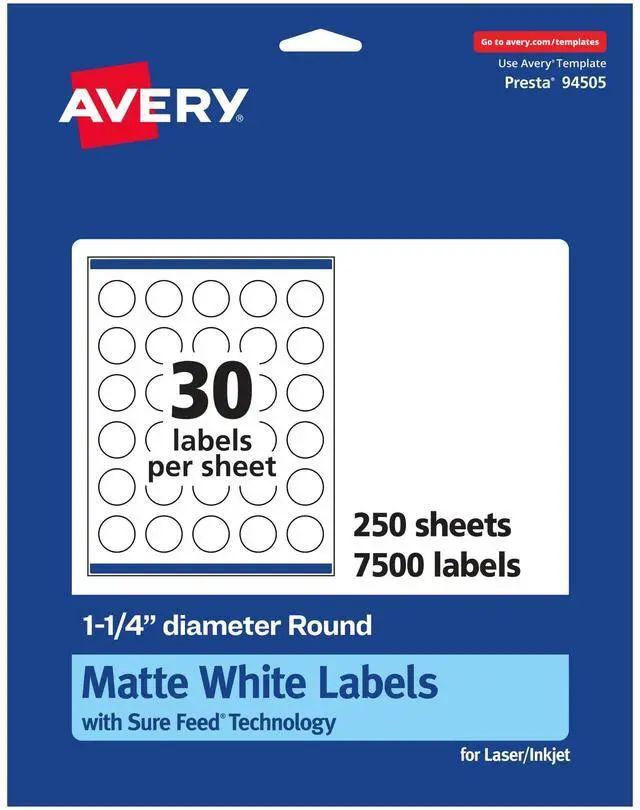 Main image of Matte White Round Labels, Sure Feed Technology, 1.25" Diameter, 7,500 Matte White Printable Labels