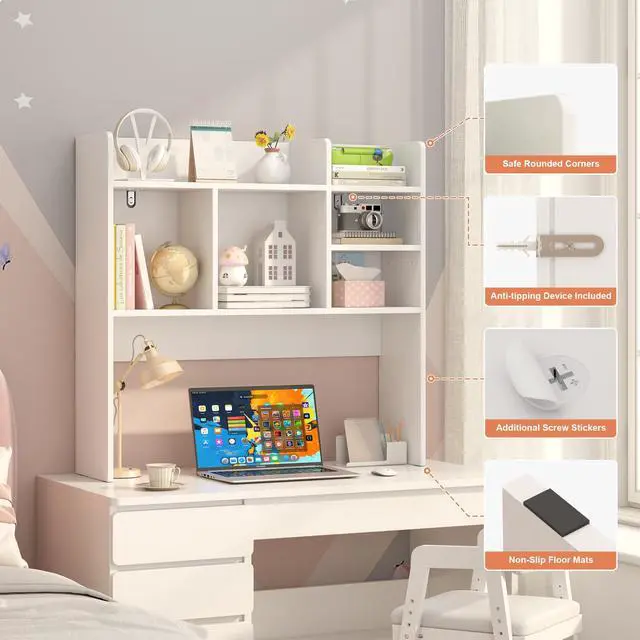 Alt view image 3 of 7 - Desk Hutch with 6 Shelves, Desktop Organizer Shelf for Office Dorm, White | Wood Desk Shelf for Top of Desk, Over Desk Hutch Bookshelf, Anti-Tip Design, Non-Slip Feet. Space-Saving Design
