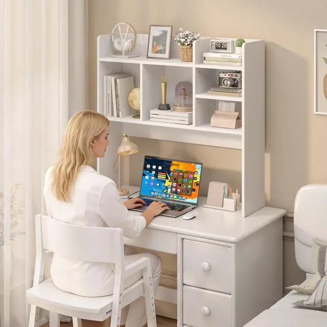 Alt view image 4 of 7 - Desk Hutch with 6 Shelves, Desktop Organizer Shelf for Office Dorm, White | Wood Desk Shelf for Top of Desk, Over Desk Hutch Bookshelf, Anti-Tip Design, Non-Slip Feet. Space-Saving Design
