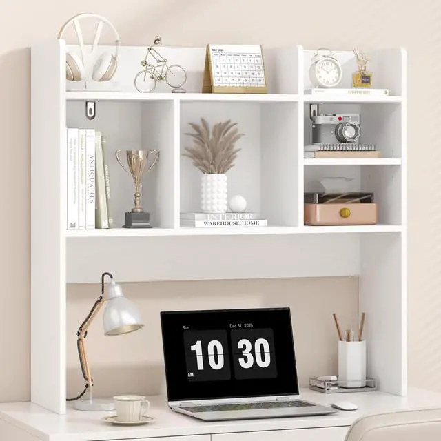 Main image of Desk Hutch with 6 Shelves, Desktop Organizer Shelf for Office Dorm, White | Wood Desk Shelf for Top of Desk, Over Desk Hutch Bookshelf, Anti-Tip Design, Non-Slip Feet. Space-Saving Design
