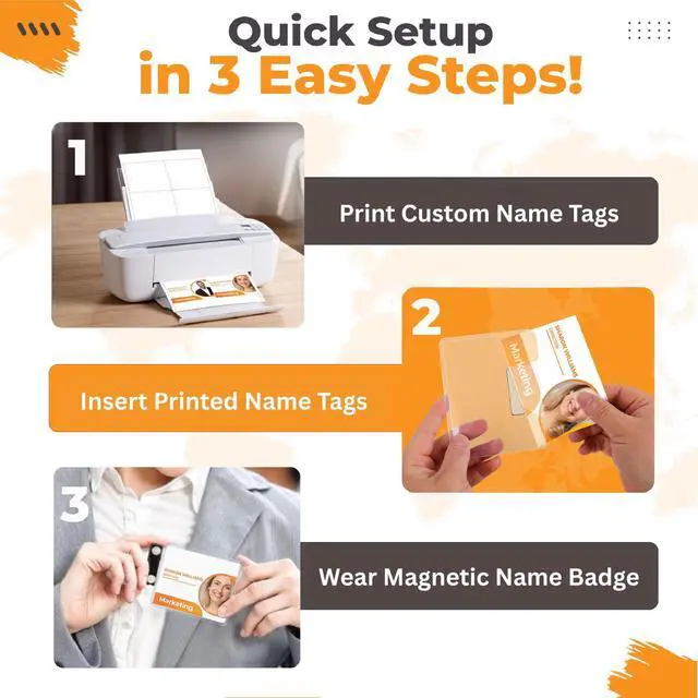 Alt view image 5 of 7 - 100 Pack of 4x3 Magnetic Name Badge Holders (White Printable Inserts Included) Customizable Magnetic Name Tags for Office, Conventions, School, and Events - Durable and Clear Plastic Name Tag Holder