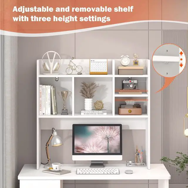 Alt view image 7 of 7 - Desk Hutch with 6 Shelves, Desktop Organizer Shelf for Office Dorm, White | Wood Desk Shelf for Top of Desk, Over Desk Hutch Bookshelf, Anti-Tip Design, Non-Slip Feet. Space-Saving Design