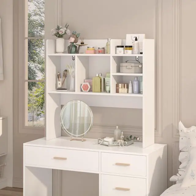 Alt view image 5 of 7 - Desk Hutch with 6 Shelves, Desktop Organizer Shelf for Office Dorm, White | Wood Desk Shelf for Top of Desk, Over Desk Hutch Bookshelf, Anti-Tip Design, Non-Slip Feet. Space-Saving Design