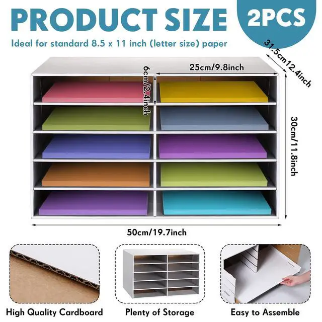 Alt view image 3 of 7 - 2 Pcs Construction Paper Storage, Classroom Mailboxe, Back to School Literature Sorter, Sturdy Cardboard Paper Organizer for Teacher, Student, Office(10 Slots,White)