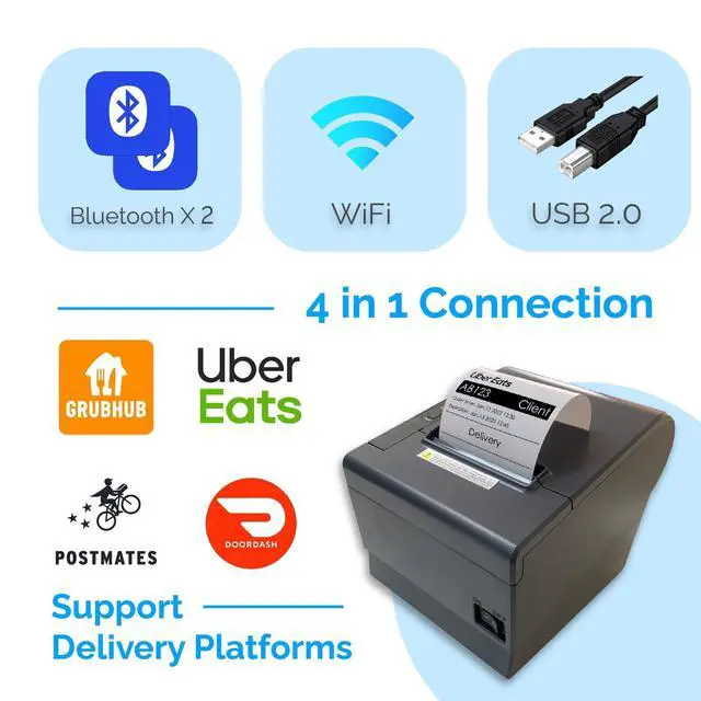 Alt view image 2 of 7 - Delivery Platform Thermal Printer 3 1/8 PaperWidth POS Cash Register Dual Bluetooth WiFi USB Support Print Receipt Ticket Ubereats Doordash Grubhub Postmates APP for Food ToGo take out away Shop