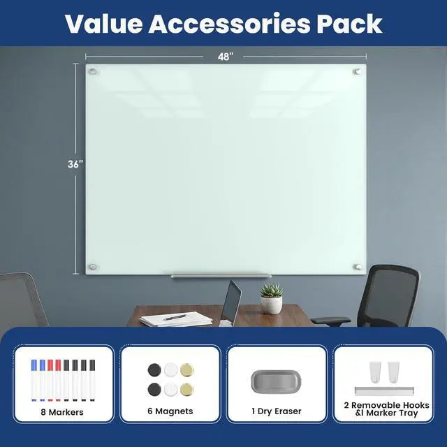 Alt view image 3 of 7 - Large Glass Whiteboard, Enhanced Magnetism Glass Dry Erase Board for Wall, 48" x 36" Magnetic Tempered Glass Board, 4' x 3' Big White Board for Home, Office, School