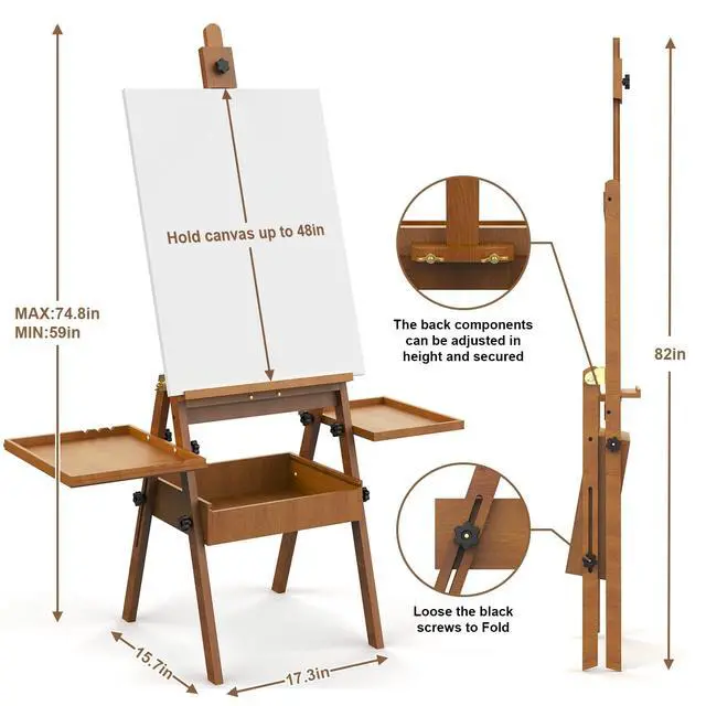 Alt view image 2 of 7 - Professional Vintage Wood H-Frame Easel, with 2 Palette and Storage Box | Multi-Function Studio Easel, Professional Foldable Artist Easel Stand for Painting, Holds Canvas Art up to 36"