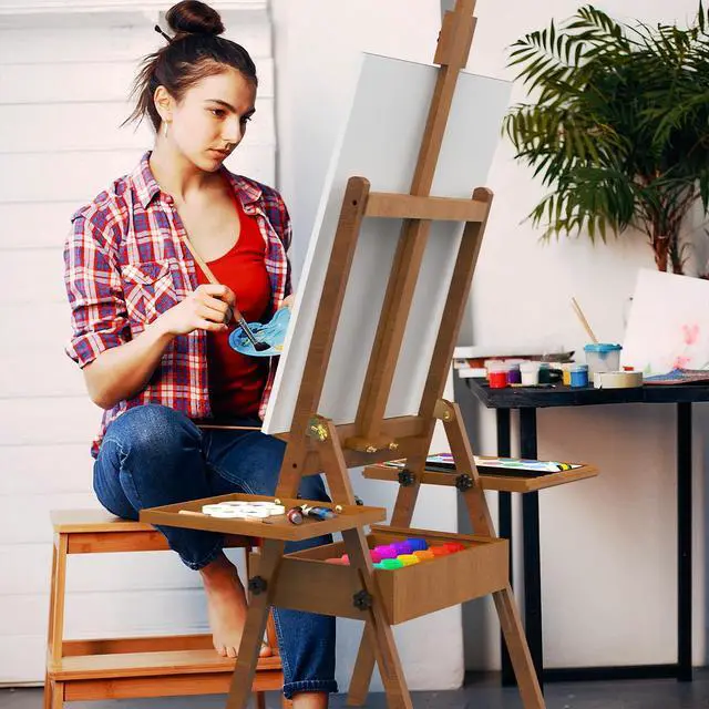 Alt view image 7 of 7 - Professional Vintage Wood H-Frame Easel, with 2 Palette and Storage Box | Multi-Function Studio Easel, Professional Foldable Artist Easel Stand for Painting, Holds Canvas Art up to 36"