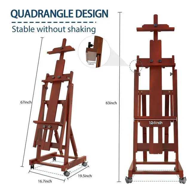Alt view image 6 of 7 - H-Frame Foldable Easel, Adjustable Height & Angle (Vertical to Horizontal), Removable Floor Art Easel for Adults, Holds Two Canvases Up to 77 Inches, Walnut Finish