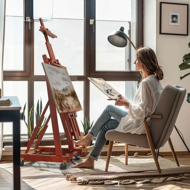Alt view image 2 of 7 - H-Frame Foldable Easel, Adjustable Height & Angle (Vertical to Horizontal), Removable Floor Art Easel for Adults, Holds Two Canvases Up to 77 Inches, Walnut Finish
