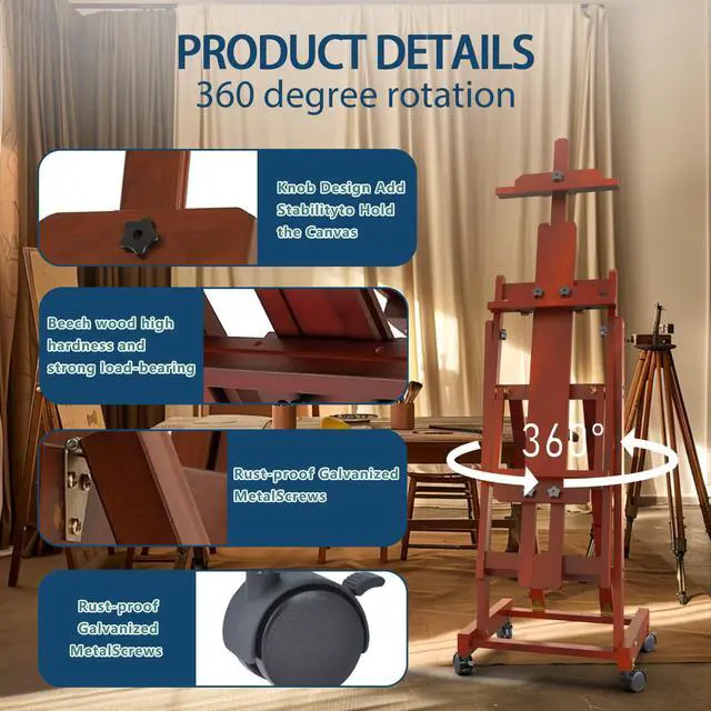 Alt view image 4 of 7 - H-Frame Foldable Easel, Adjustable Height & Angle (Vertical to Horizontal), Removable Floor Art Easel for Adults, Holds Two Canvases Up to 77 Inches, Walnut Finish