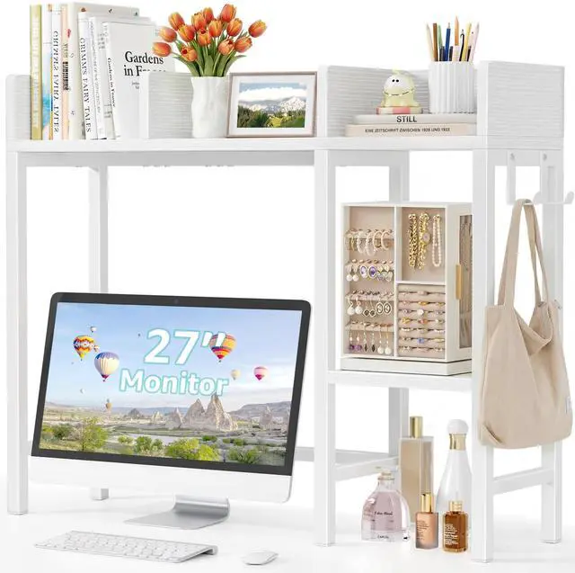 Main image of Desk Hutch Dorm Room, Desktop Bookshelf for Computer Desk 37" Hutch Organizer Tabletop Storage Rack for College Essentials Home Office White
