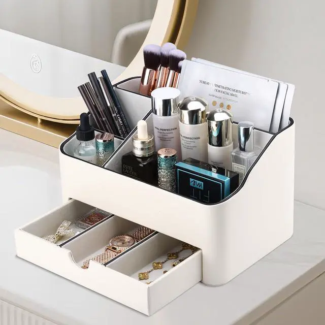 Alt view image 6 of 7 - PU Leather Desk Organizer with Drawer, 5 Compartments Desktop Storage Caddy for Office Home Supplies, Pen Holder for Remote Control, Phone & Accessories, Mail Organizer Countertop Ivory White