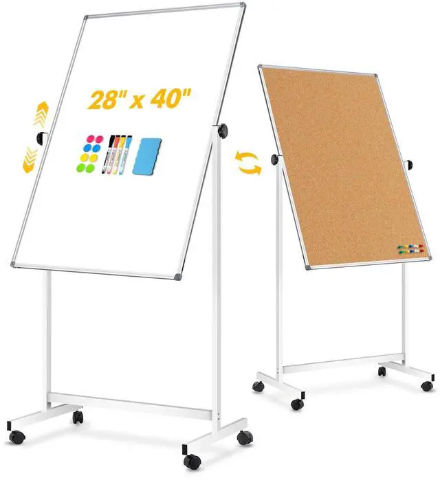 Main image of Rolling Whiteboard Corkboard Combo with Stand 28"x40" | Double-Sided Mobile Dry Erase Bulletin Board on Wheels, Reversible Height Adjustable Standing Board for Home Office