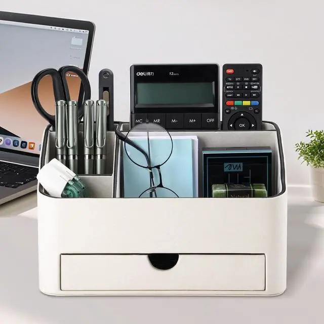 Alt view image 7 of 7 - PU Leather Desk Organizer with Drawer, 5 Compartments Desktop Storage Caddy for Office Home Supplies, Pen Holder for Remote Control, Phone & Accessories, Mail Organizer Countertop Ivory White