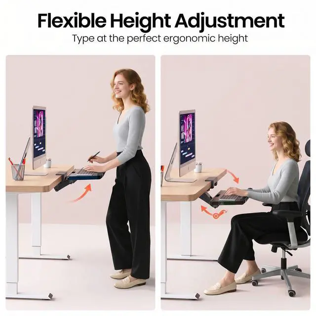 Alt view image 3 of 7 - Klearlook Upgraded Ergonomic Keyboard Tray Under Desk, Adjustable Sliding Keyboard Platform Holder, Keyboard Stand with Wrist Rest & Storage Drawer for Home, Office and Gaming, 24.4"x10"