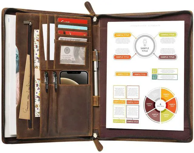 Main image of Genuine Leather Portfolio with Zipper, Business Organizer for A4/Pad/Phone, Brown, RS63