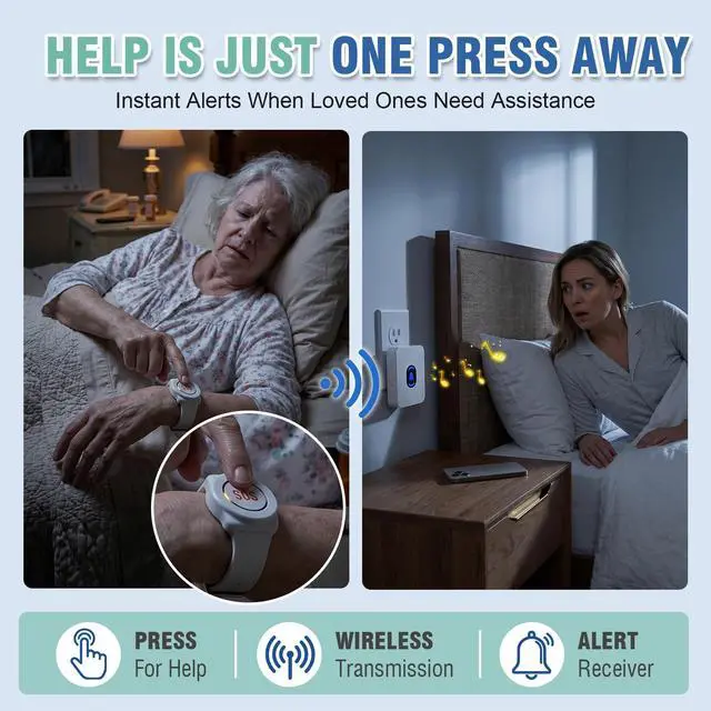Alt view image 2 of 7 - Caregiver Pager Call Button for Elderly at Home, Medical Alert System for Seniors, Emergency Help Watch for Disabled Patients, Wireless Life Alert with Portable Receiver