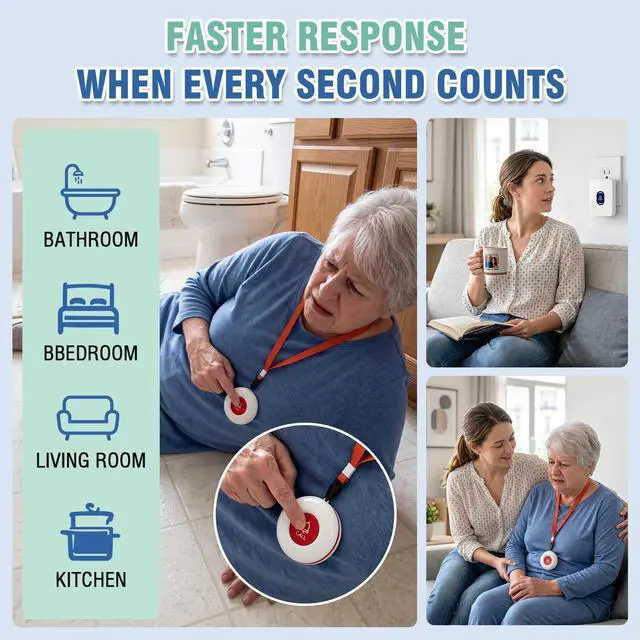 Alt view image 4 of 7 - Caregiver Pager Call Button for Elderly at Home, Medical Alert System for Seniors, Emergency Help Watch for Disabled Patients, Wireless Life Alert with Portable Receiver