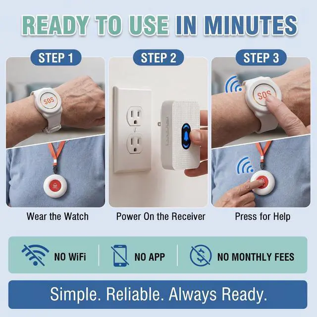 Alt view image 5 of 7 - Caregiver Pager Call Button for Elderly at Home, Medical Alert System for Seniors, Emergency Help Watch for Disabled Patients, Wireless Life Alert with Portable Receiver