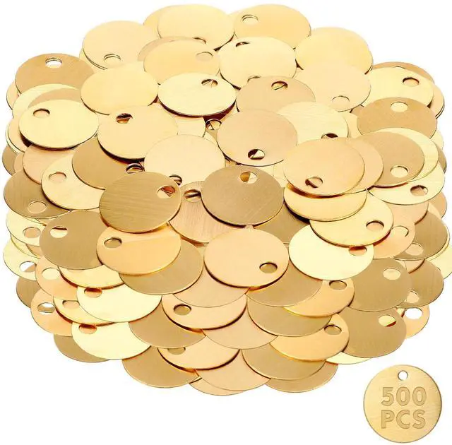 Main image of 500 Pcs 1.50 Inch Solid Brass Tags for Stamping, Round Golden Blank Brass Tag with Hole for Pets, Plants, Valve, Keys, Doors
