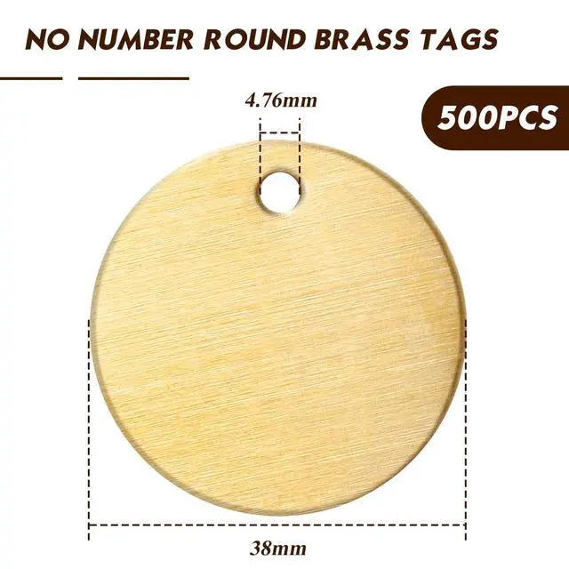 Alt view image 2 of 6 - 500 Pcs 1.50 Inch Solid Brass Tags for Stamping, Round Golden Blank Brass Tag with Hole for Pets, Plants, Valve, Keys, Doors