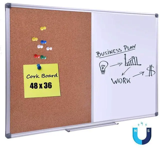 Main image of Magnetic Combination Whiteboard & Cork Bulletin Board for Wall 48" x 36" | Writing and Pinning Surface Combines 4'x3' Magnetic Dry Erase and Cork Section for Notes, Photos, Schedules and Planning