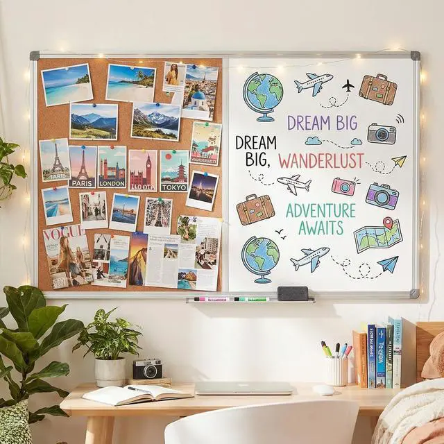 Alt view image 6 of 7 - Magnetic Combination Whiteboard & Cork Bulletin Board for Wall 48" x 36" | Writing and Pinning Surface Combines 4'x3' Magnetic Dry Erase and Cork Section for Notes, Photos, Schedules and Planning