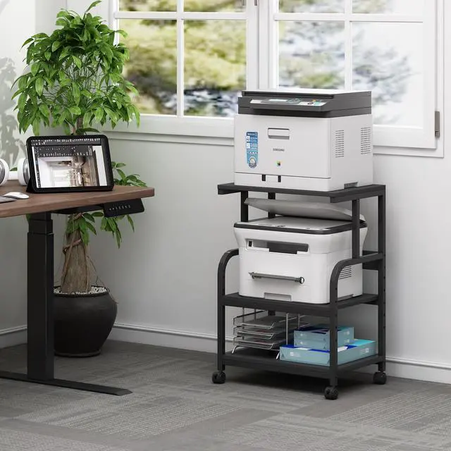 Alt view image 3 of 7 - Printer Stand, 3 Tier Printer Table with Height Adjustable Storage Shelf, Rolling Printer Cart with Wheels for Home Office Organization, Black