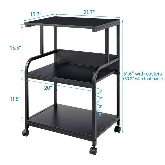 Alt view image 2 of 7 - Printer Stand, 3 Tier Printer Table with Height Adjustable Storage Shelf, Rolling Printer Cart with Wheels for Home Office Organization, Black