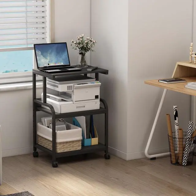 Alt view image 4 of 7 - Printer Stand, 3 Tier Printer Table with Height Adjustable Storage Shelf, Rolling Printer Cart with Wheels for Home Office Organization, Black