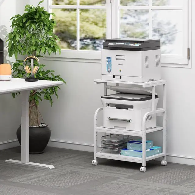Alt view image 2 of 7 - White Printer Stand with Storage, 3 Tier Printer Table with Height Adjustable Shelf, Rolling Printer Cart with Wheels for Home Office Organization