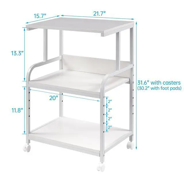 Alt view image 3 of 7 - White Printer Stand with Storage, 3 Tier Printer Table with Height Adjustable Shelf, Rolling Printer Cart with Wheels for Home Office Organization