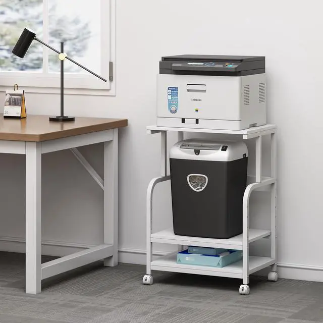 Alt view image 5 of 7 - White Printer Stand with Storage, 3 Tier Printer Table with Height Adjustable Shelf, Rolling Printer Cart with Wheels for Home Office Organization