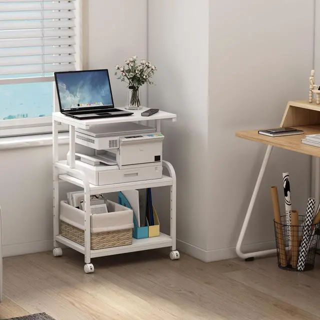 Alt view image 4 of 7 - White Printer Stand with Storage, 3 Tier Printer Table with Height Adjustable Shelf, Rolling Printer Cart with Wheels for Home Office Organization