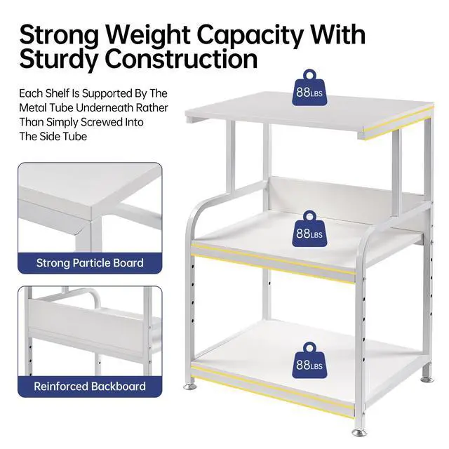 Alt view image 7 of 7 - White Printer Stand with Storage, 3 Tier Printer Table with Height Adjustable Shelf, Rolling Printer Cart with Wheels for Home Office Organization