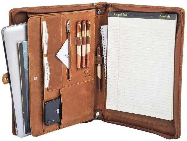 Main image of Genuine Leather Business Portfolio Padfolio Folder with Zipper for Men, Men's Leather Padfolio Folder for 13" Laptop, Business Portfolio for Letter Size Notepad, Graduation GiftBrown